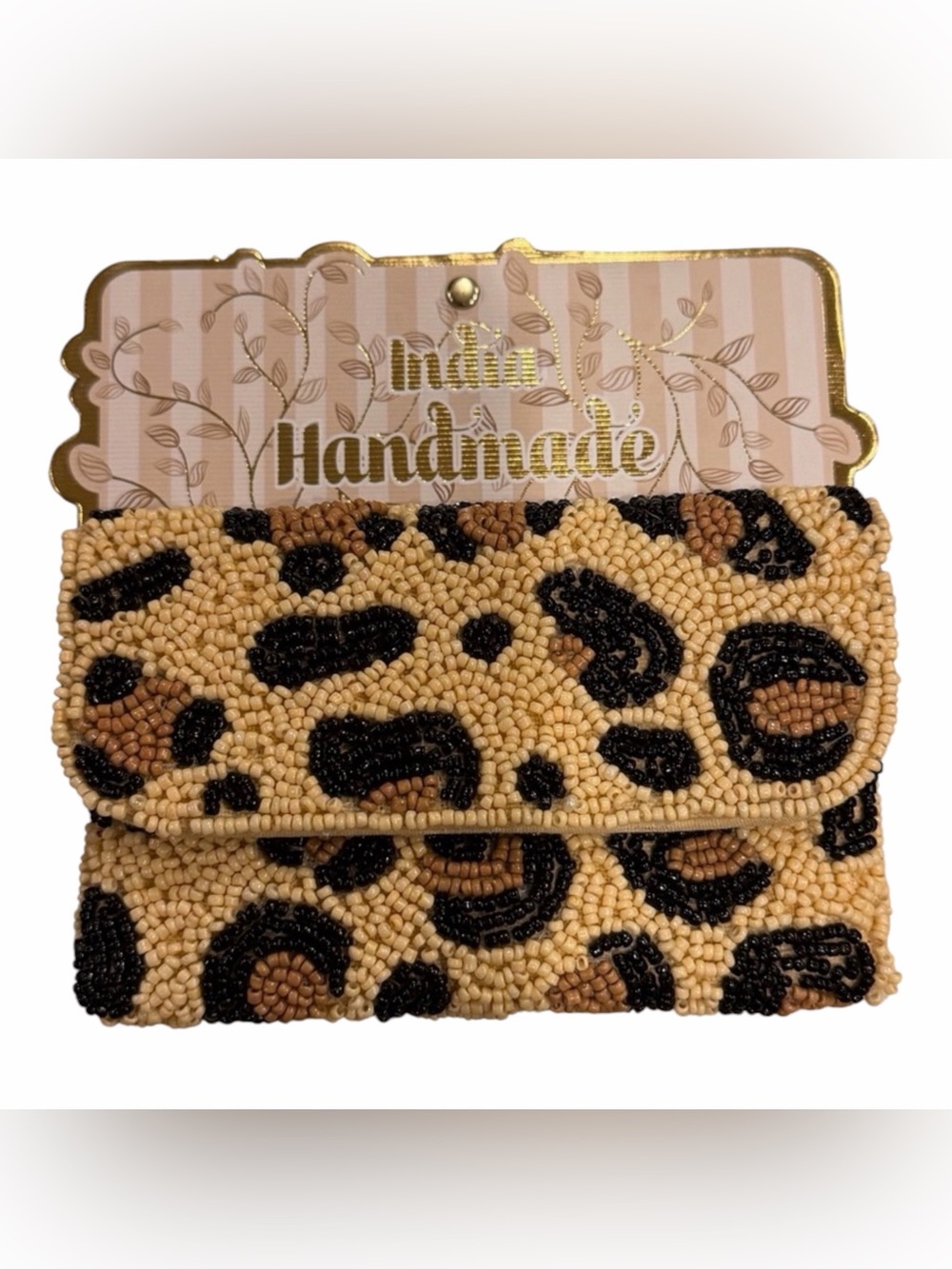 Handmade Leopard Beaded Coin Purse- Tan/Black/Brown
